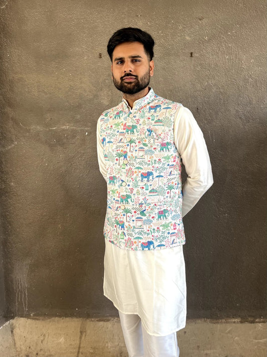 MENS'S KURTA PAJAM WITH JACKET SEQUNCE WORK AND PRINT