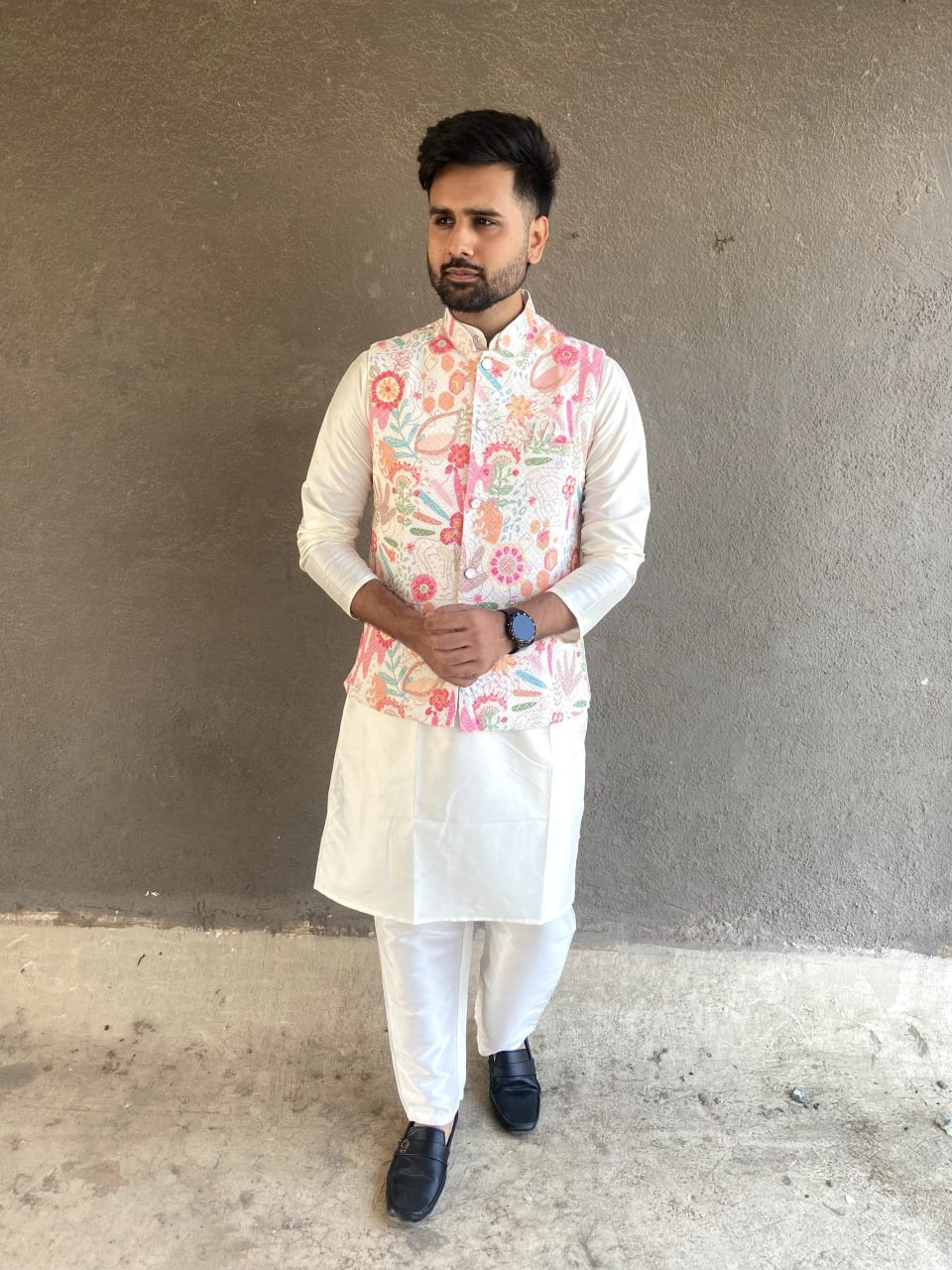 MENS'S KURTA PAJAM WITH JACKET SEQUNCE WORK AND PRINT