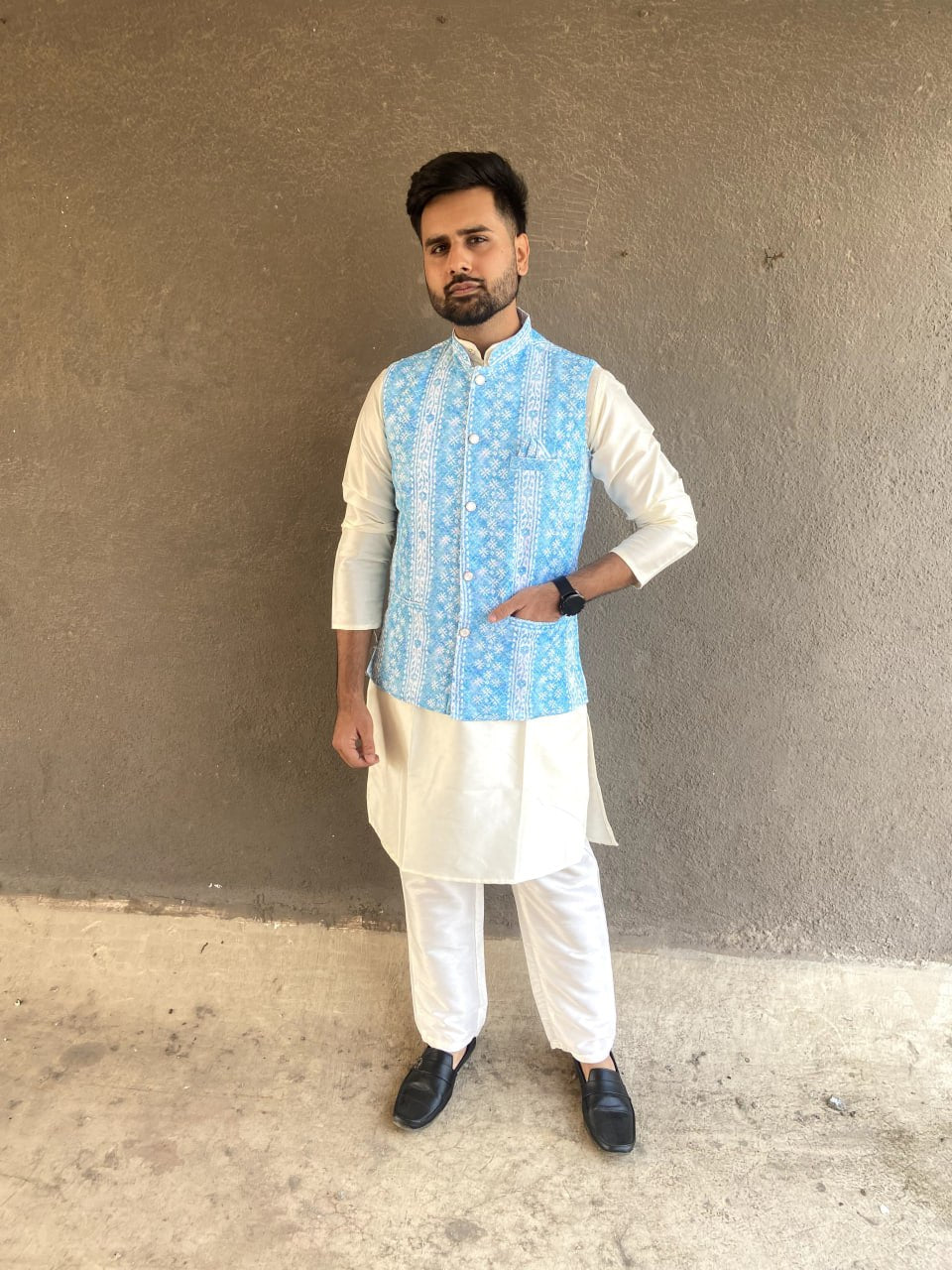 MENS'S KURTA PAJAM WITH JACKET SEQUNCE WORK AND PRINT