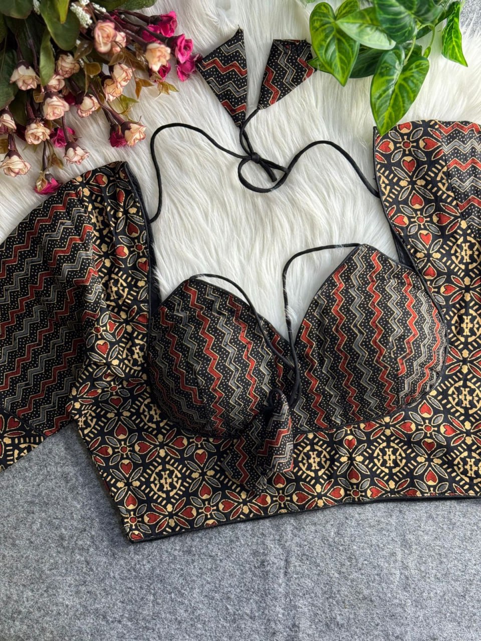 Halter Neck Ajrakh Print Cotton Blouse