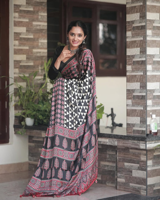 White Digital Print Semi Gajji Silk Soft and Smooth Saree