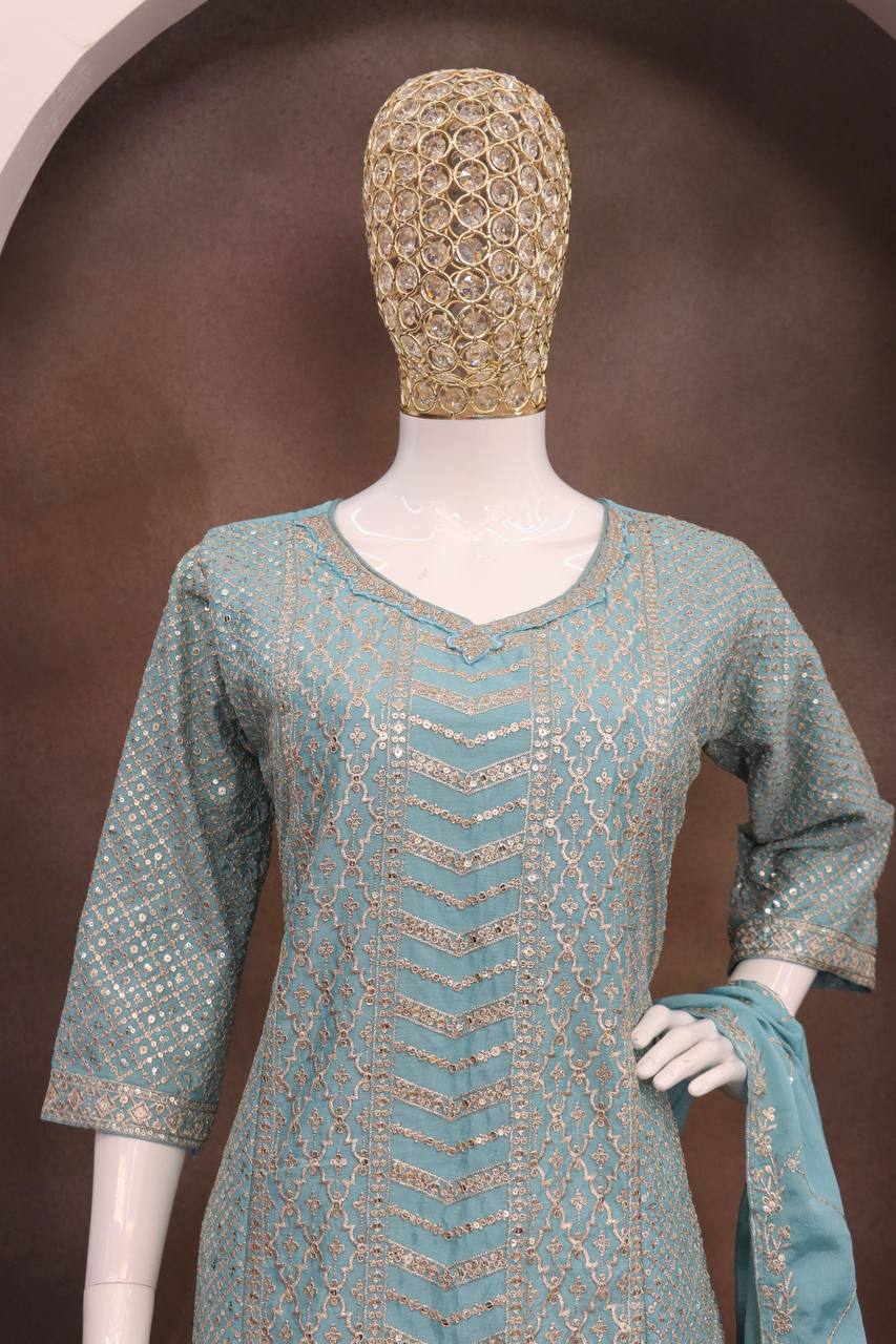 Chinon With Sequence Embroidery Stich Work Suit
