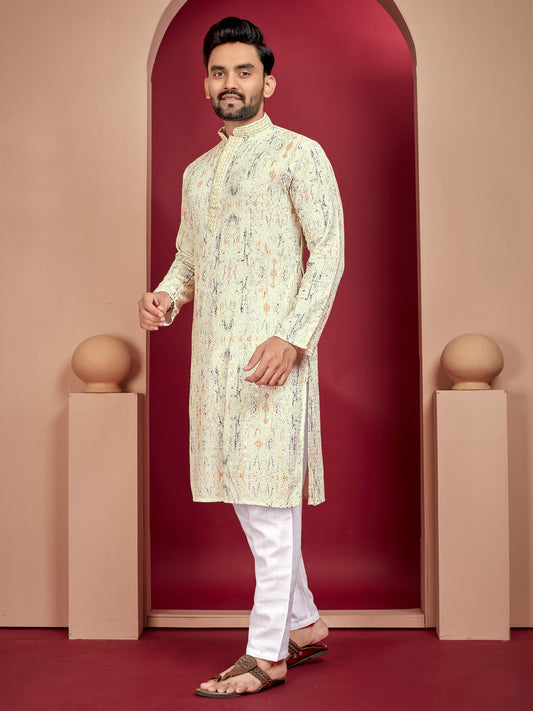 LUCKNOWI WORK WITH UNIQUE DIGITAL PRINT KURTA PAJAMA