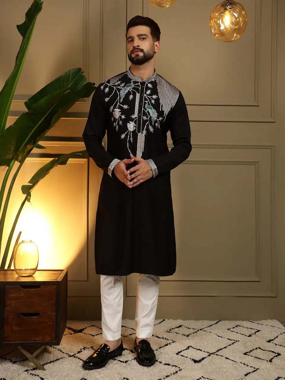 Men’s Viscose Silk Embroidery Sequence Kurta Pyjama Set – Festive & Wedding Wear Di. No. 123