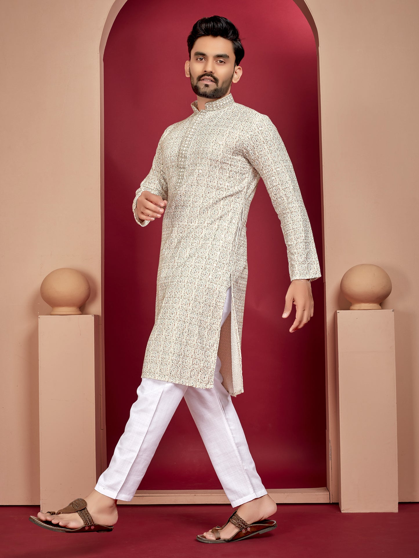 LUCKNOWI WORK WITH UNIQUE DIGITAL PRINT KURTA PAJAMA