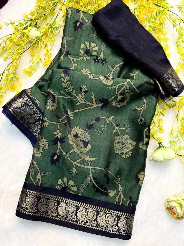 Soft Black Dola Silk Saree | Pen Kalamkari Design | Two-Tone Silk & Zari Hamsa Border (M1009)