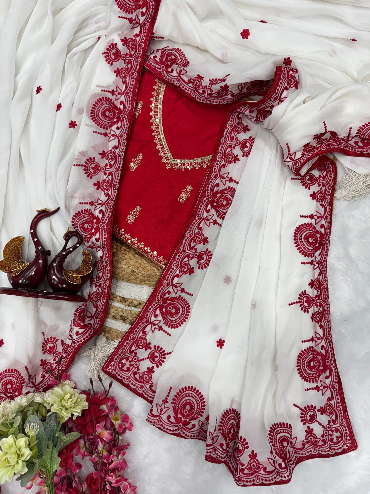 Red & White Soft Catonic Rangoli Silk