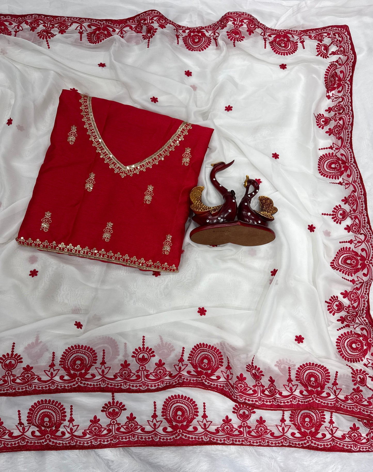Red & White Soft Catonic Rangoli Silk