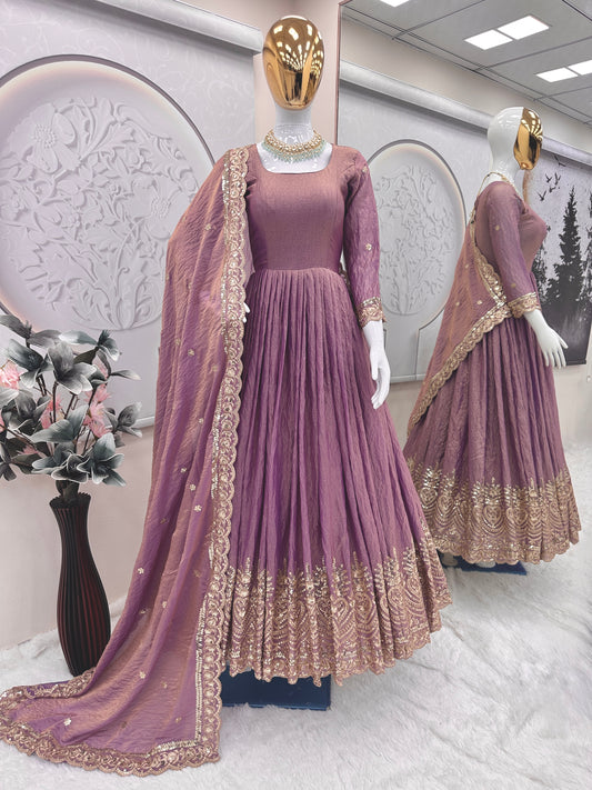 Party Wear Gown with Embroidery & Dupatta