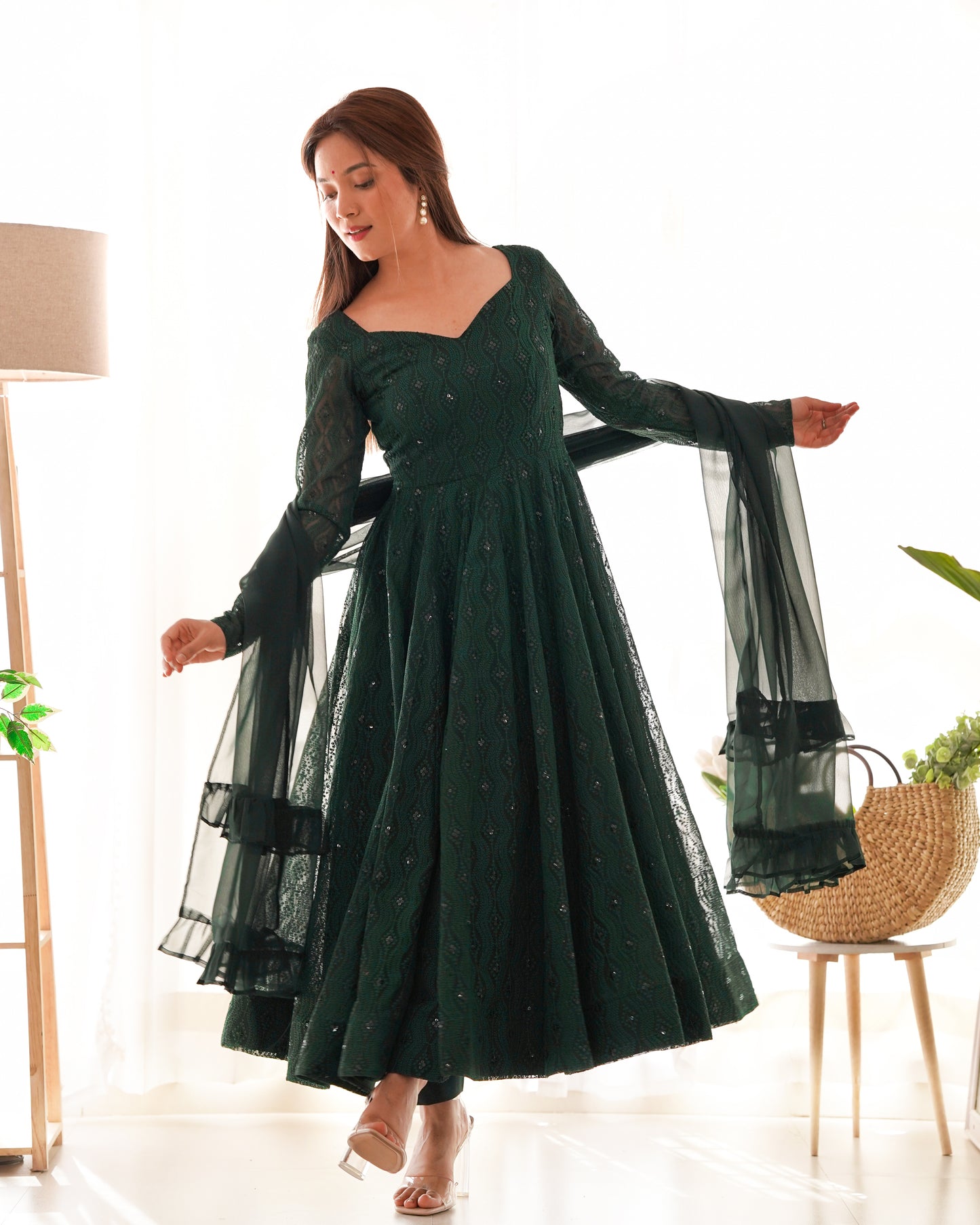 PURE SOFT FOX GEORGETTE LUKHNOWI SEQUENCE WORK ANARKALI SUIT