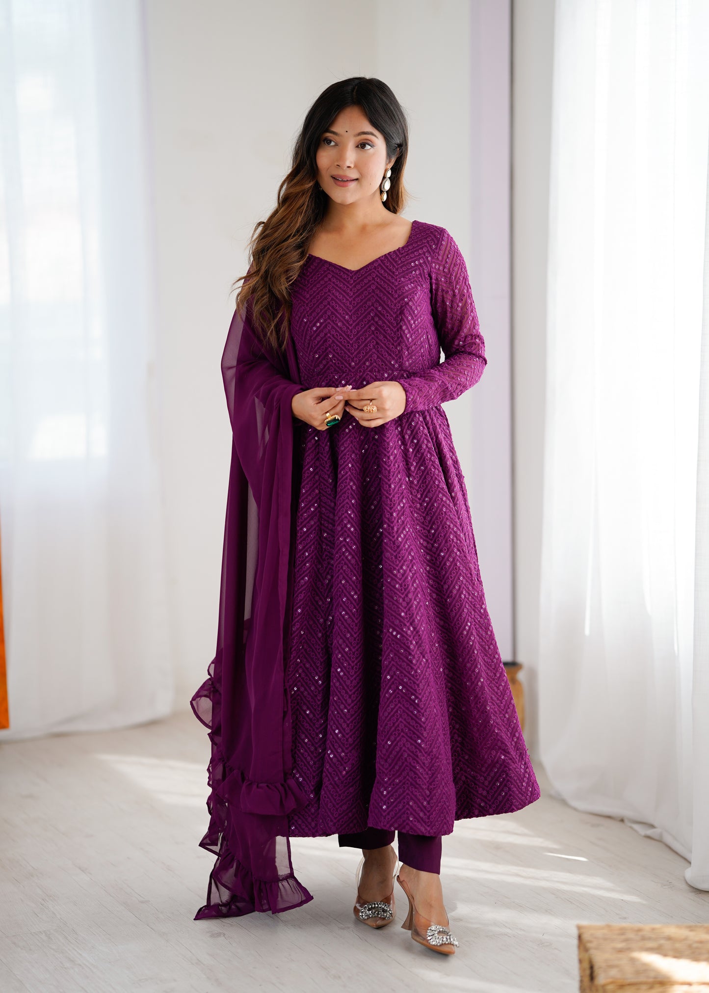 PURE SOFT FOX GEORGETTE LUKHNOWI SEQUENCE WORK ANARLALI SUITS