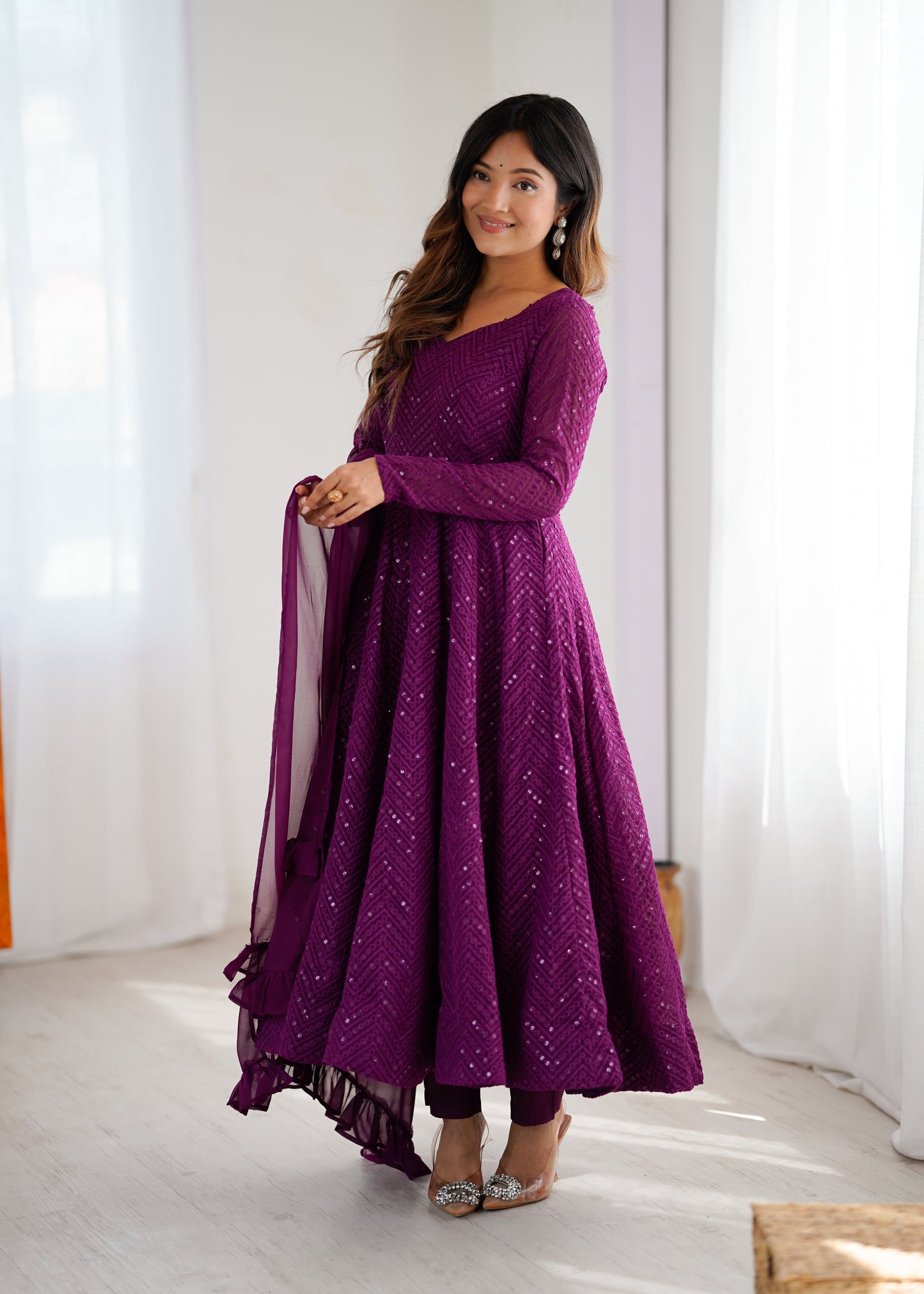 PURE SOFT FOX GEORGETTE LUKHNOWI SEQUENCE WORK ANARLALI SUITS