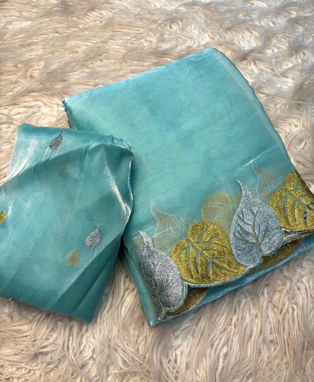 Premium Soft Silk Gold & Silver Leaf Saree