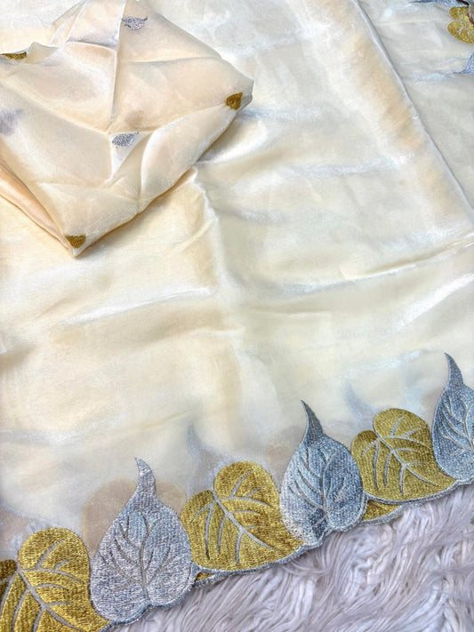 Premium Soft Silk Gold & Silver Leaf Saree