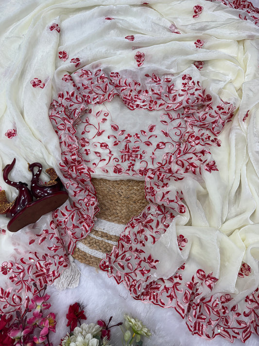 Pure Space Silk Beautiful Multicolour Thread and Sequins Embroidery Saree