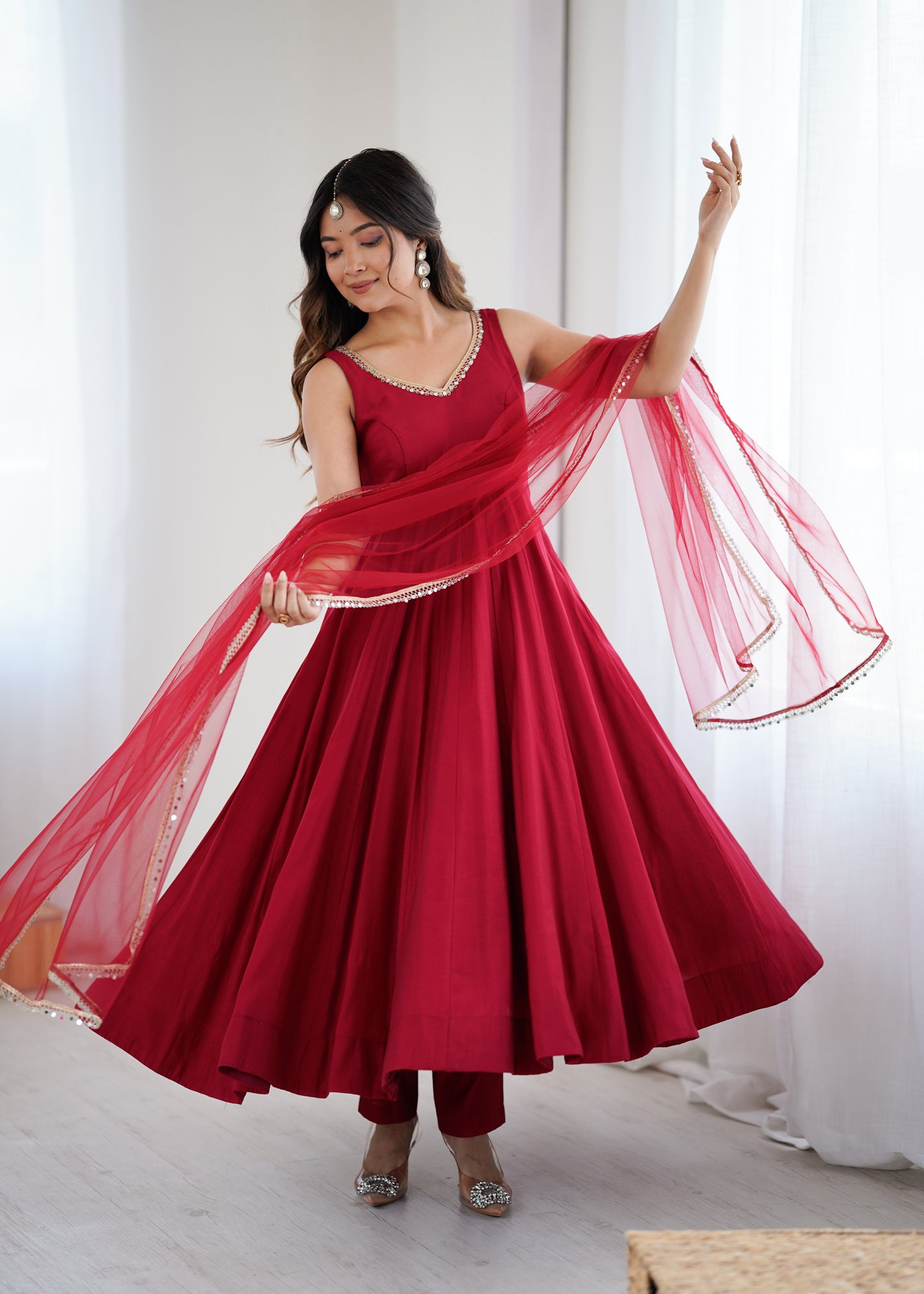 PURE ROMANSILK CHANDERI ANARKALI SET