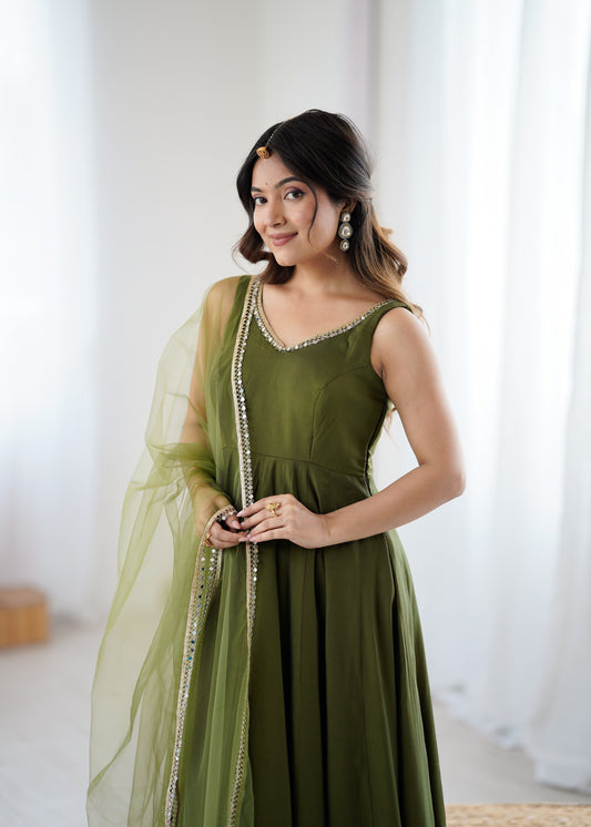 PURE ROMANSILK CHANDERI ANARKALI SET