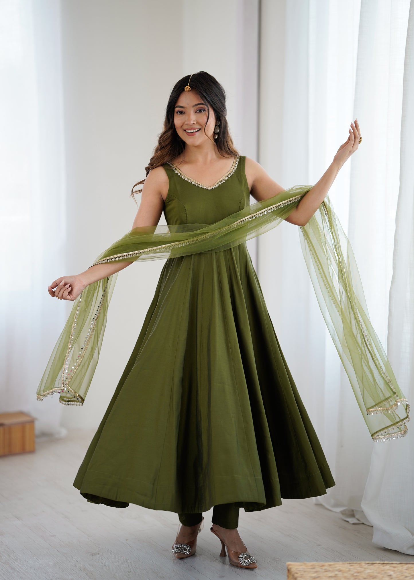 PURE ROMANSILK CHANDERI ANARKALI SET