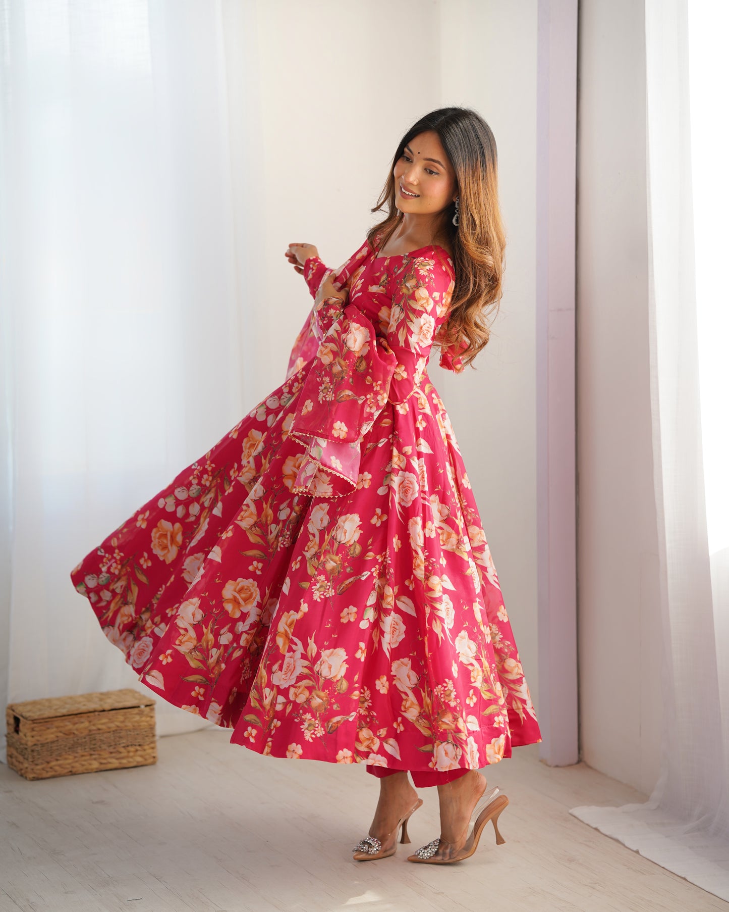 Organza Silk Print Anarkali Dupatta Set