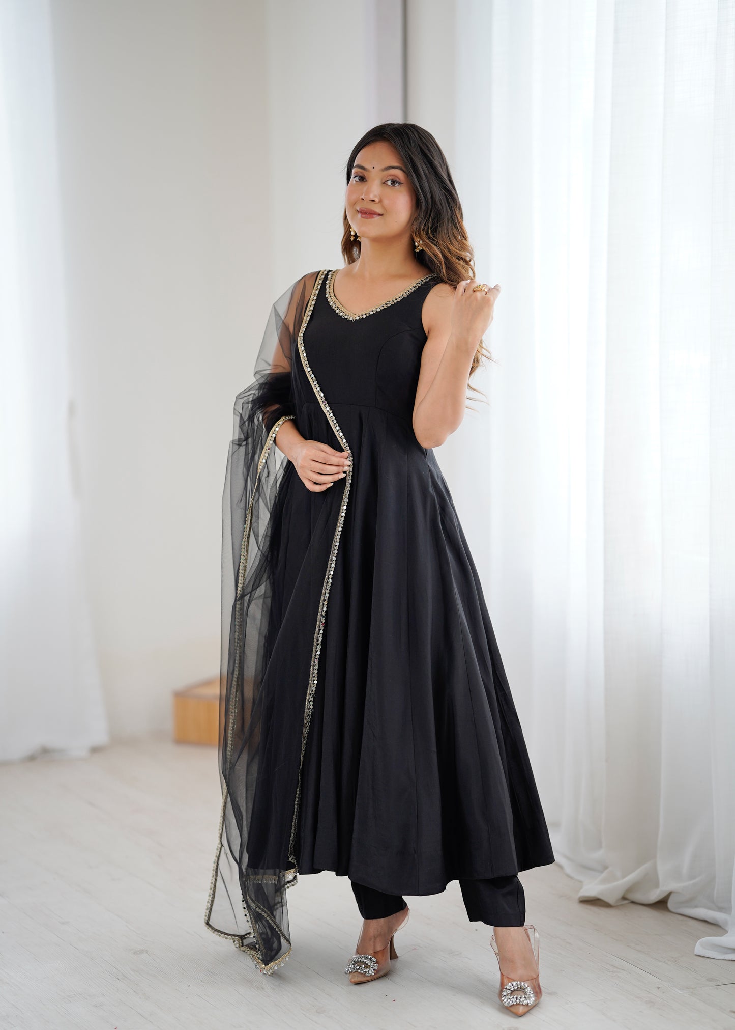 PURE ROMANSILK CHANDERI ANARKALI SET