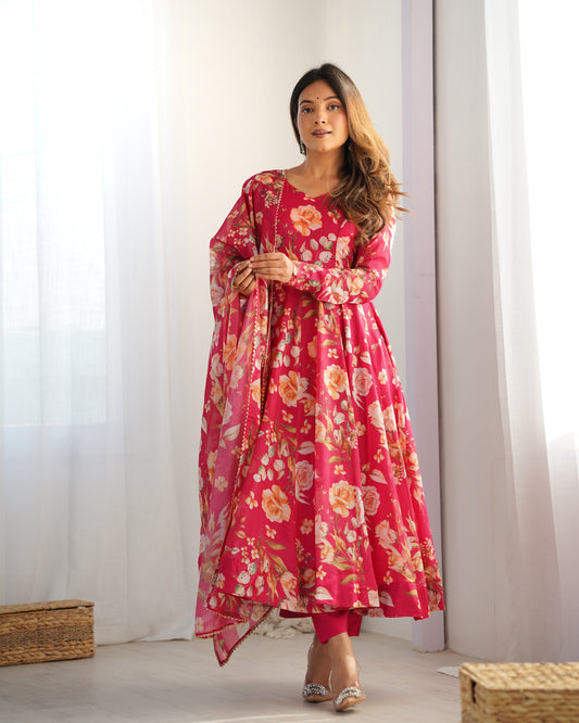 Organza Silk Print Anarkali Dupatta Set