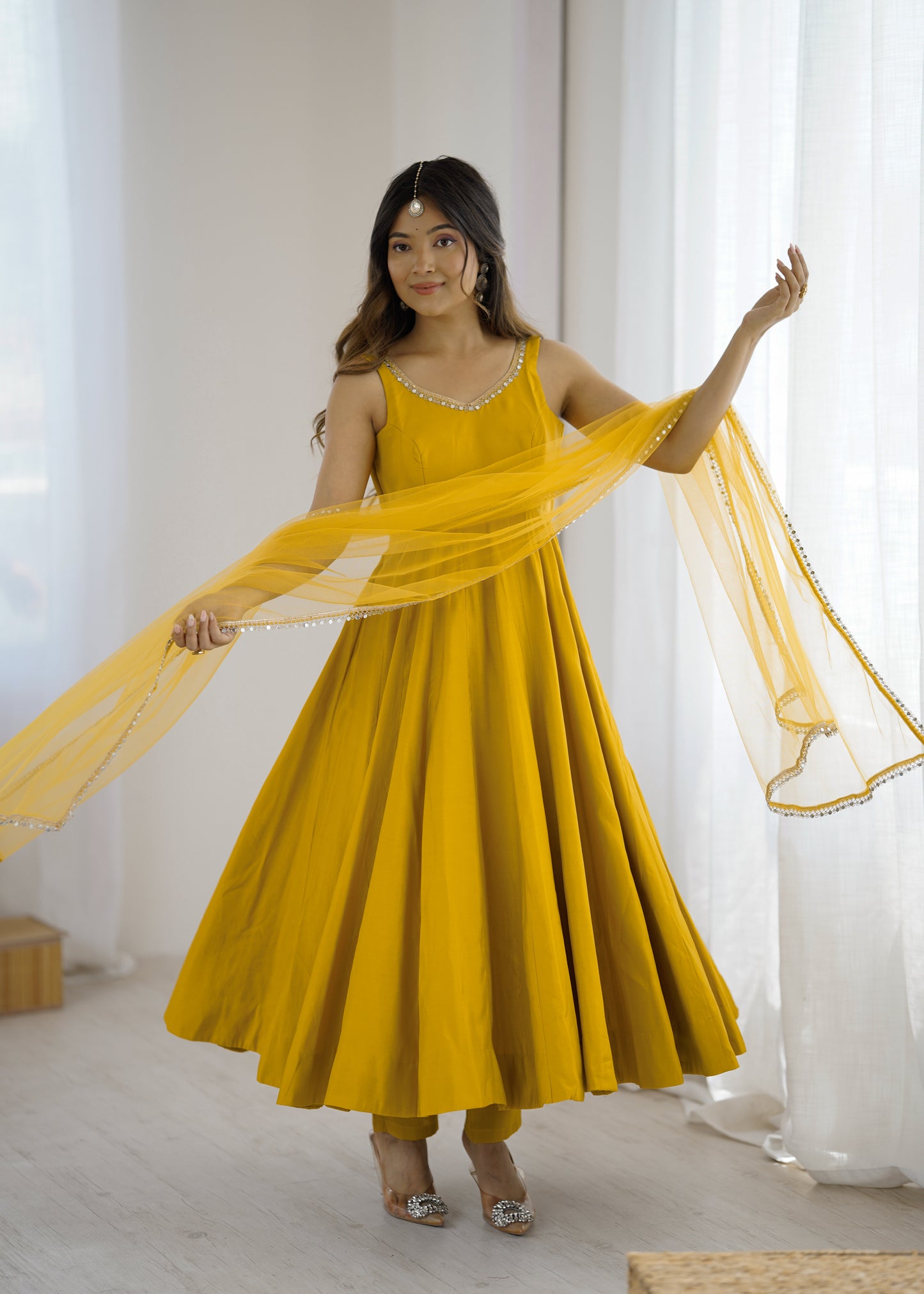 PURE ROMANSILK CHANDERI ANARKALI SET