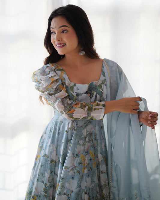 HEAVY PURE SOFT ORGANJA SILK FLORAL PRINT ANARKALI SUIT