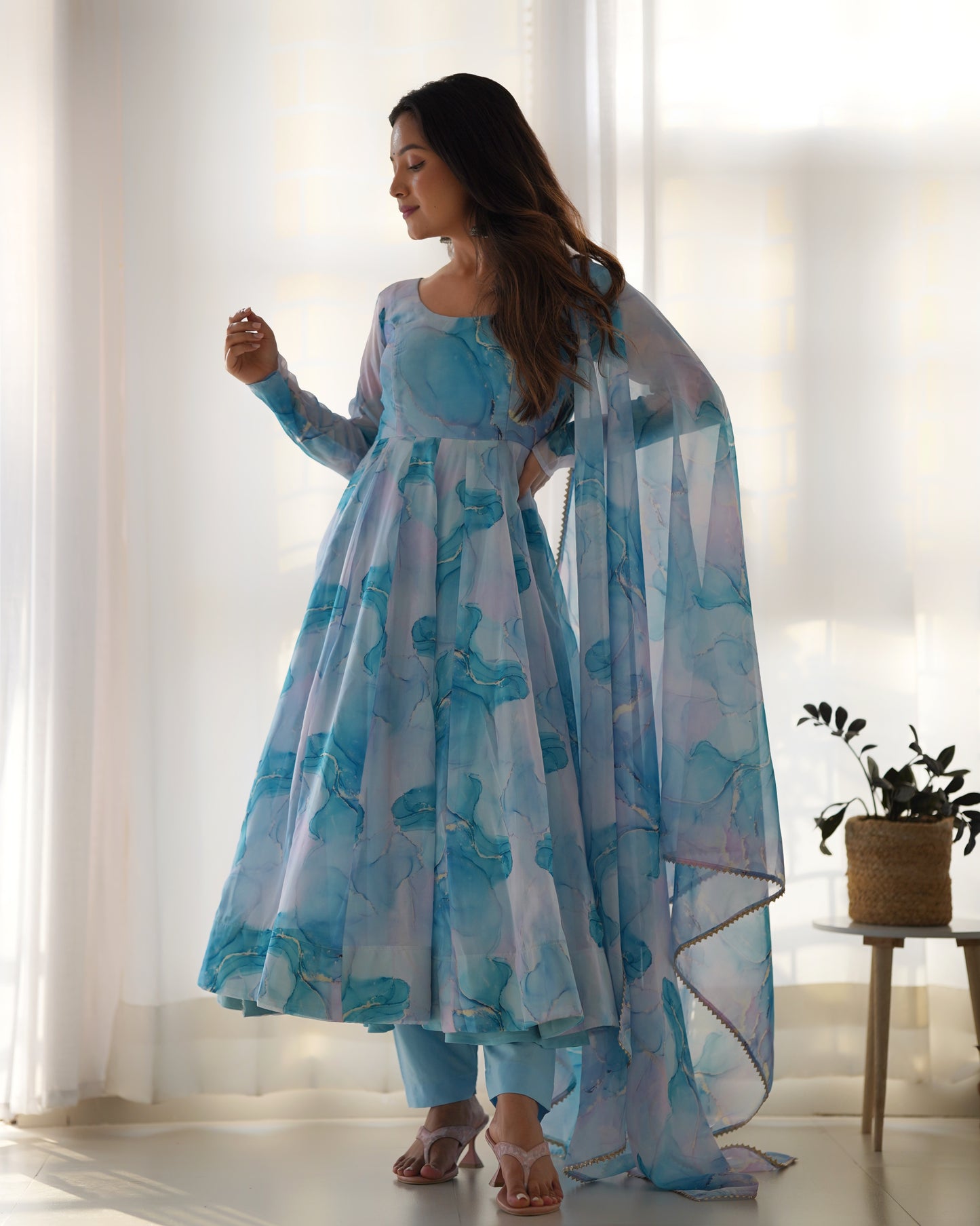 Organza Silk Marble Print Anarkali Dupatta Set