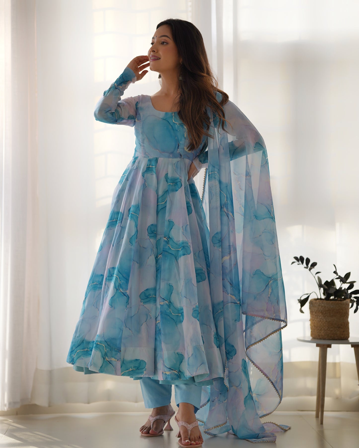 Organza Silk Marble Print Anarkali Dupatta Set