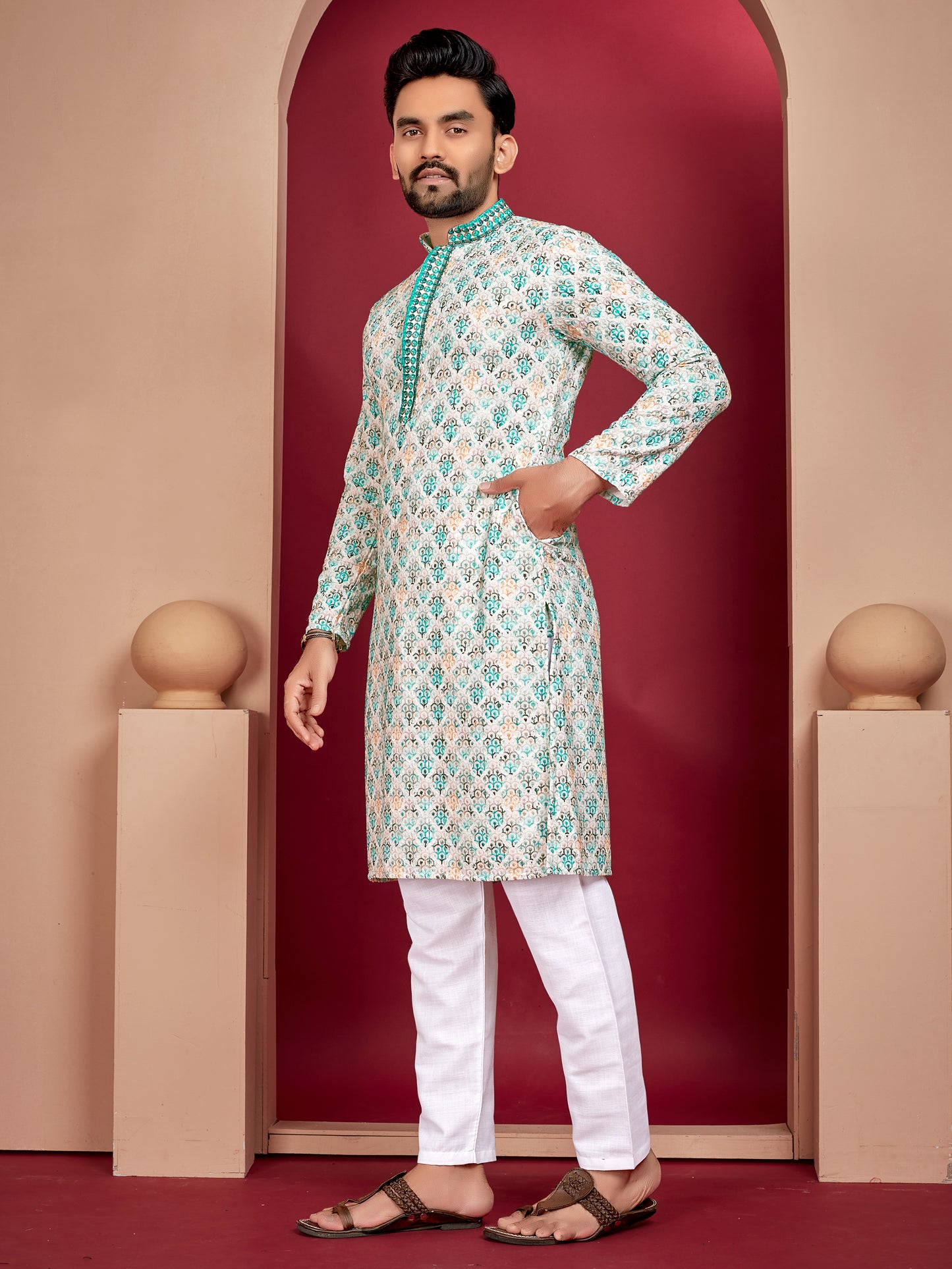 LUCKNOWI WORK WITH UNIQUE DIGITAL PRINT KURTA PAJAMA