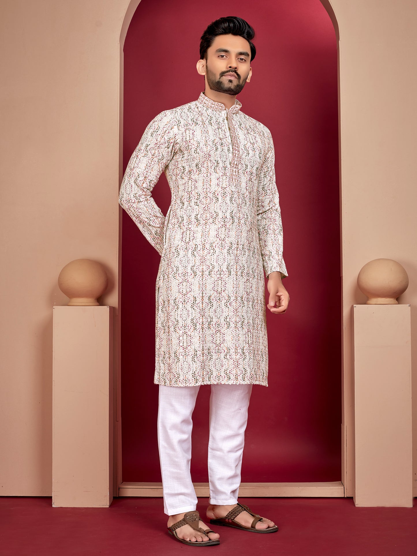LUCKNOWI WORK WITH UNIQUE DIGITAL PRINT KURTA PAJAMA
