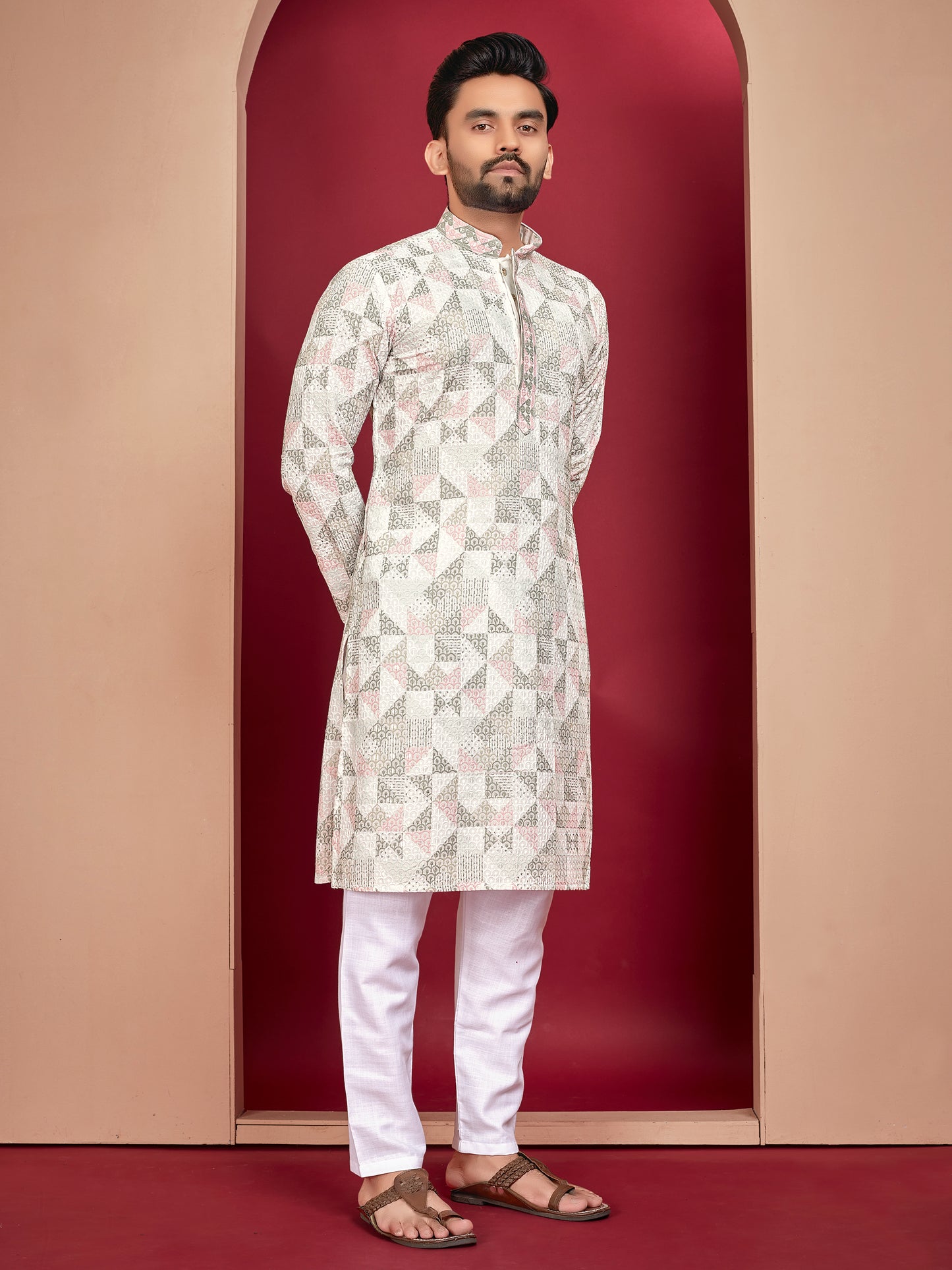 LUCKNOWI WORK WITH UNIQUE DIGITAL PRINT KURTA PAJAMA