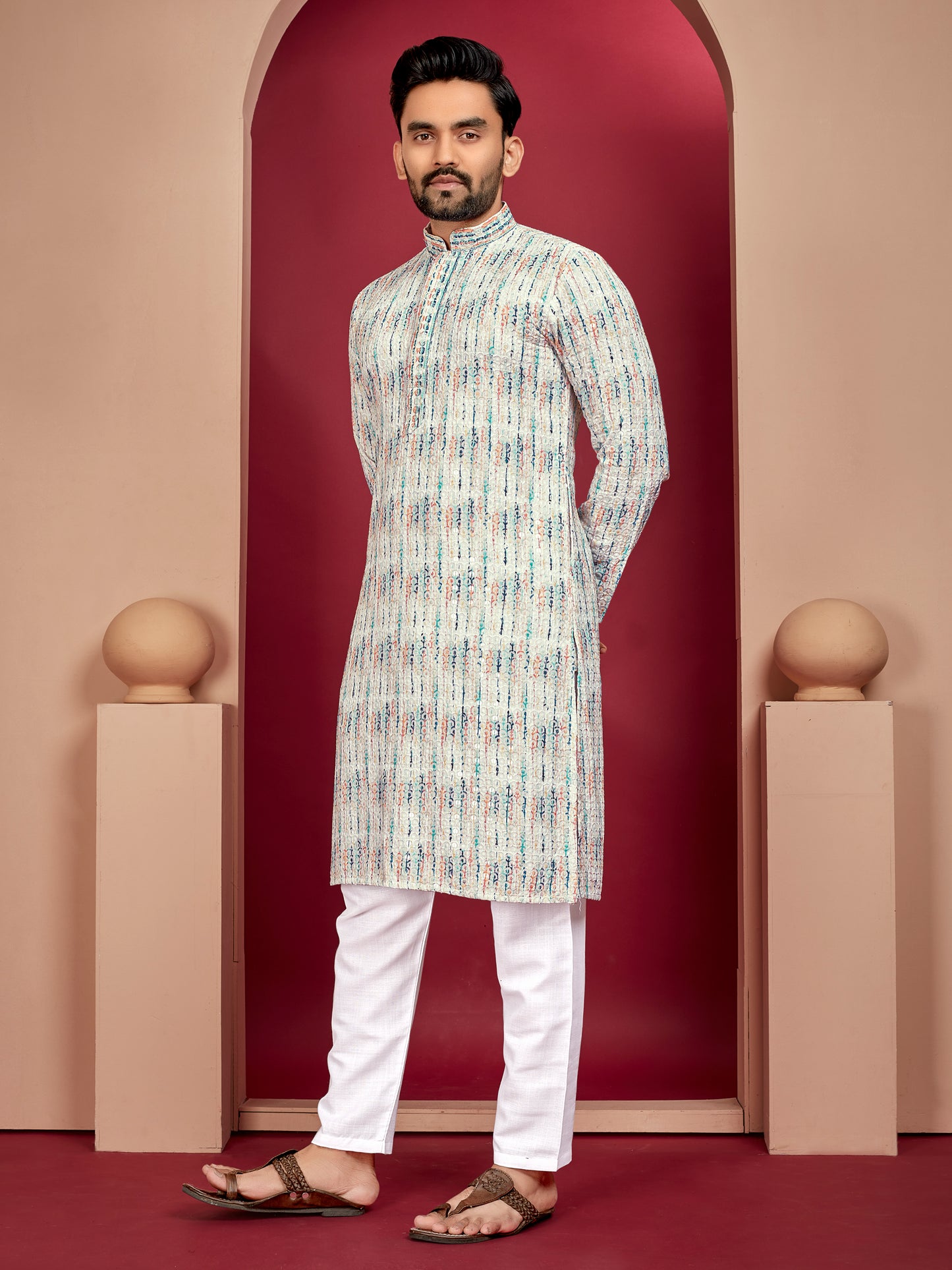 LUCKNOWI WORK WITH UNIQUE DIGITAL PRINT KURTA PAJAMA