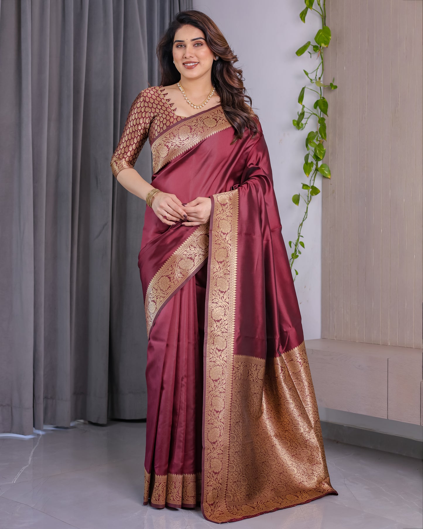 Lichu Silk Jacquard Weaving with Golden Zari Running Blouse