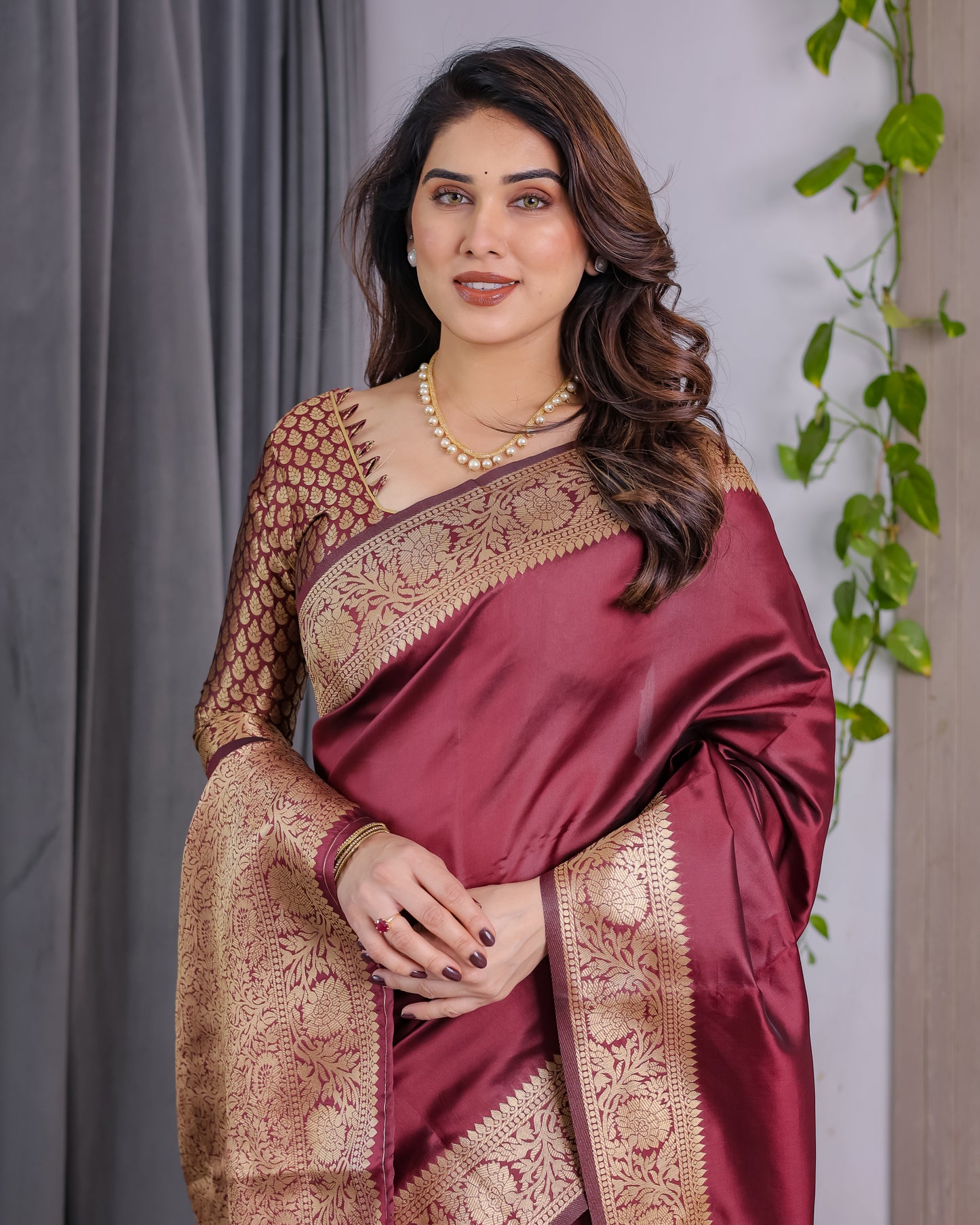 Lichu Silk Jacquard Weaving with Golden Zari Running Blouse