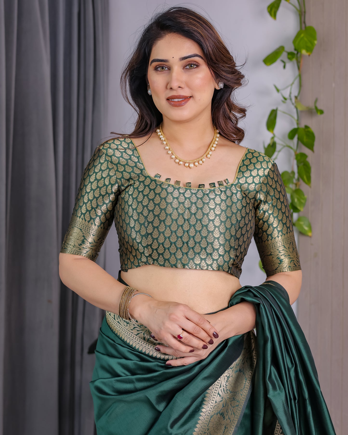 Lichu Silk Jacquard Weaving with Golden Zari Running Blouse