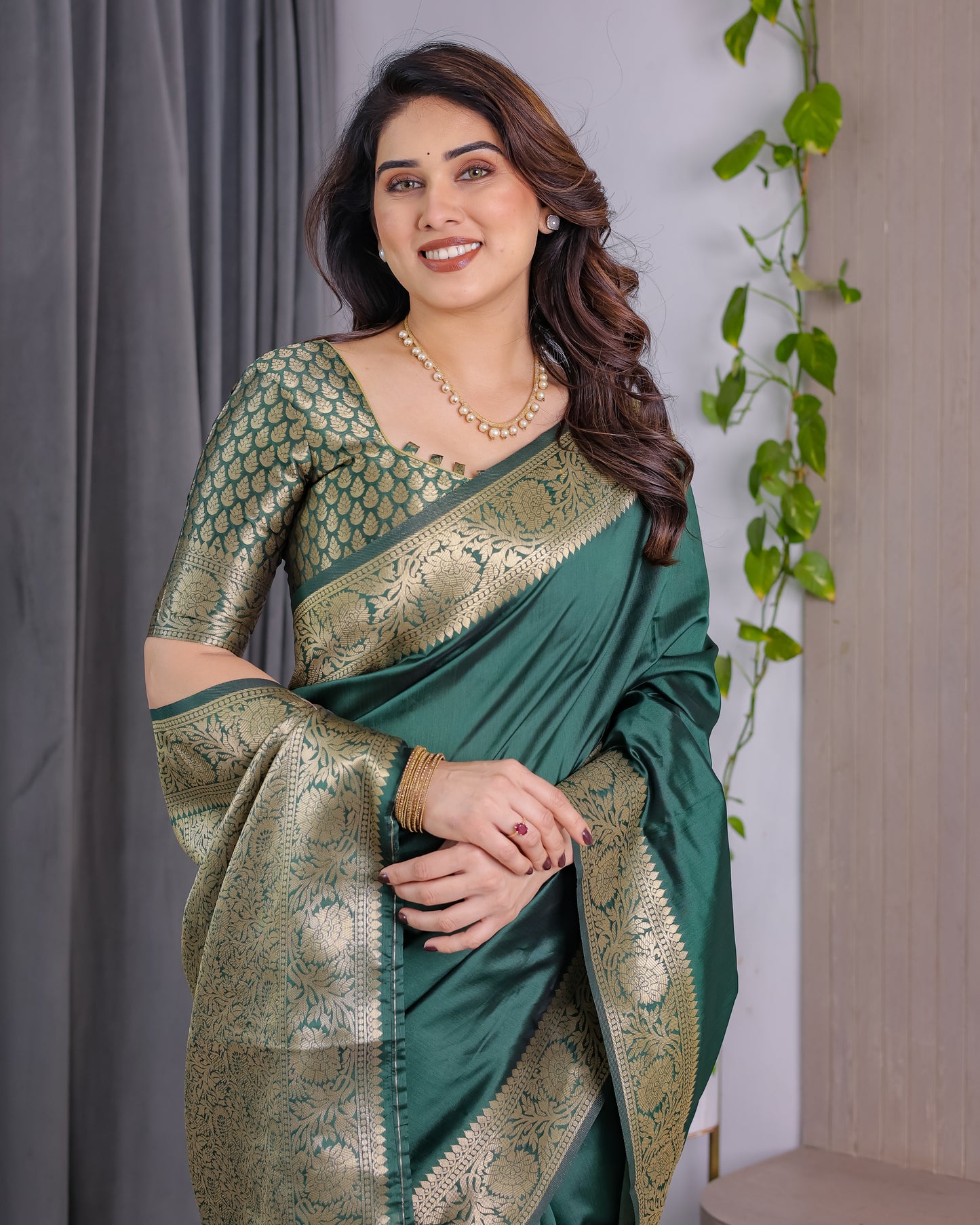 Lichu Silk Jacquard Weaving with Golden Zari Running Blouse