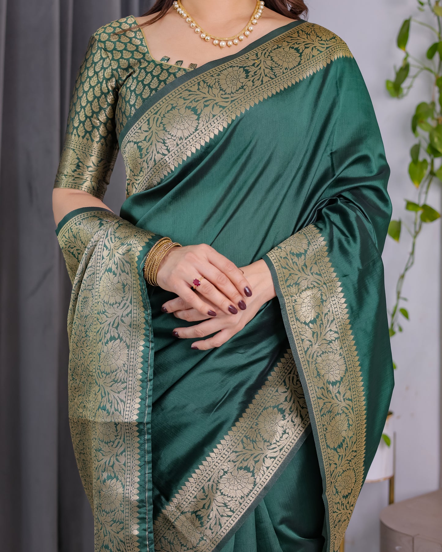 Lichu Silk Jacquard Weaving with Golden Zari Running Blouse