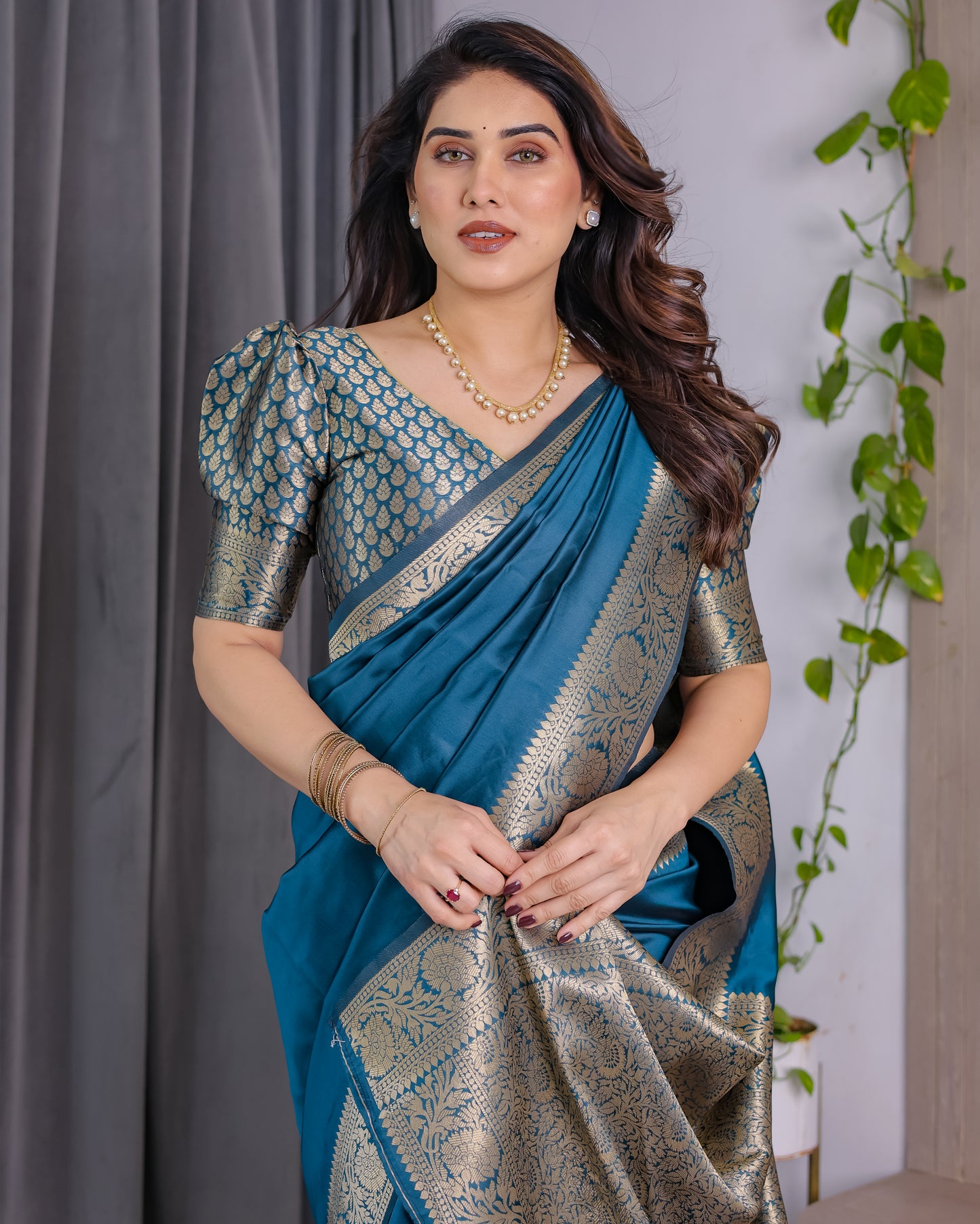 Lichu Silk Jacquard Weaving with Golden Zari Running Blouse