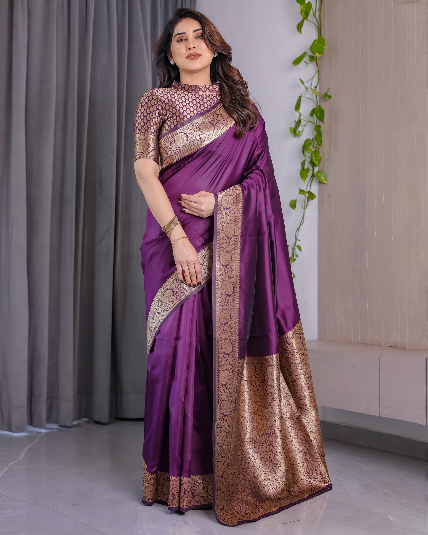 Lichu Silk Jacquard Weaving with Golden Zari Running Blouse