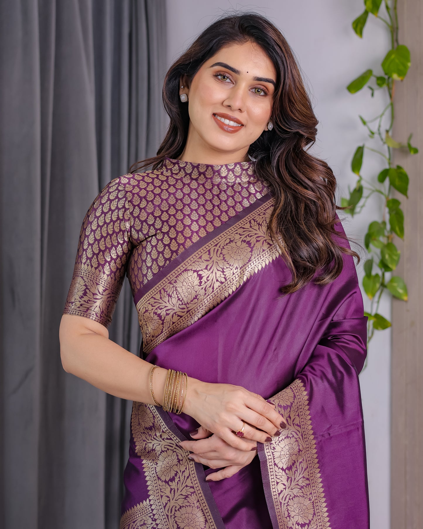Lichu Silk Jacquard Weaving with Golden Zari Running Blouse