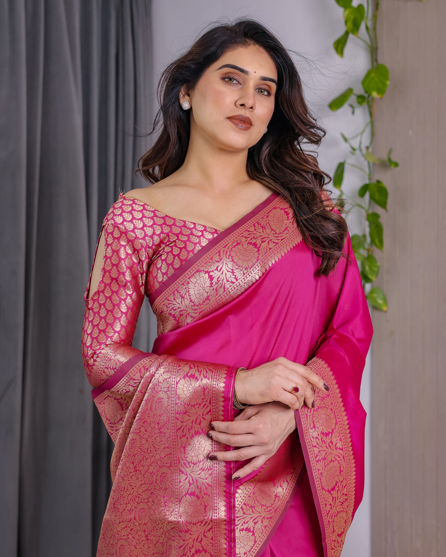 Lichu Silk Jacquard Weaving with Golden Zari Running Blouse