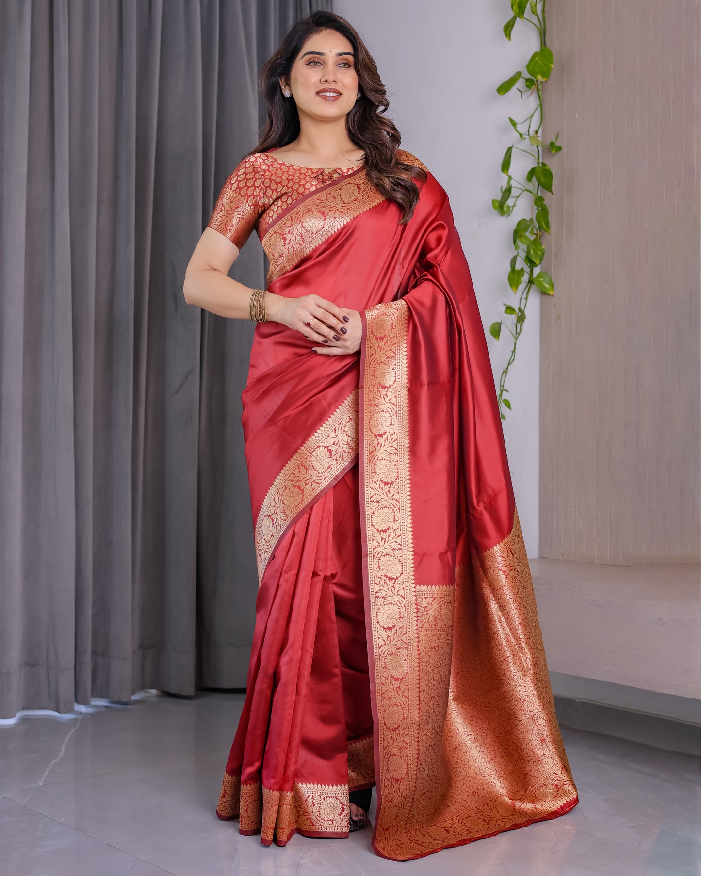 Lichu Silk Jacquard Weaving with Golden Zari Running Blouse