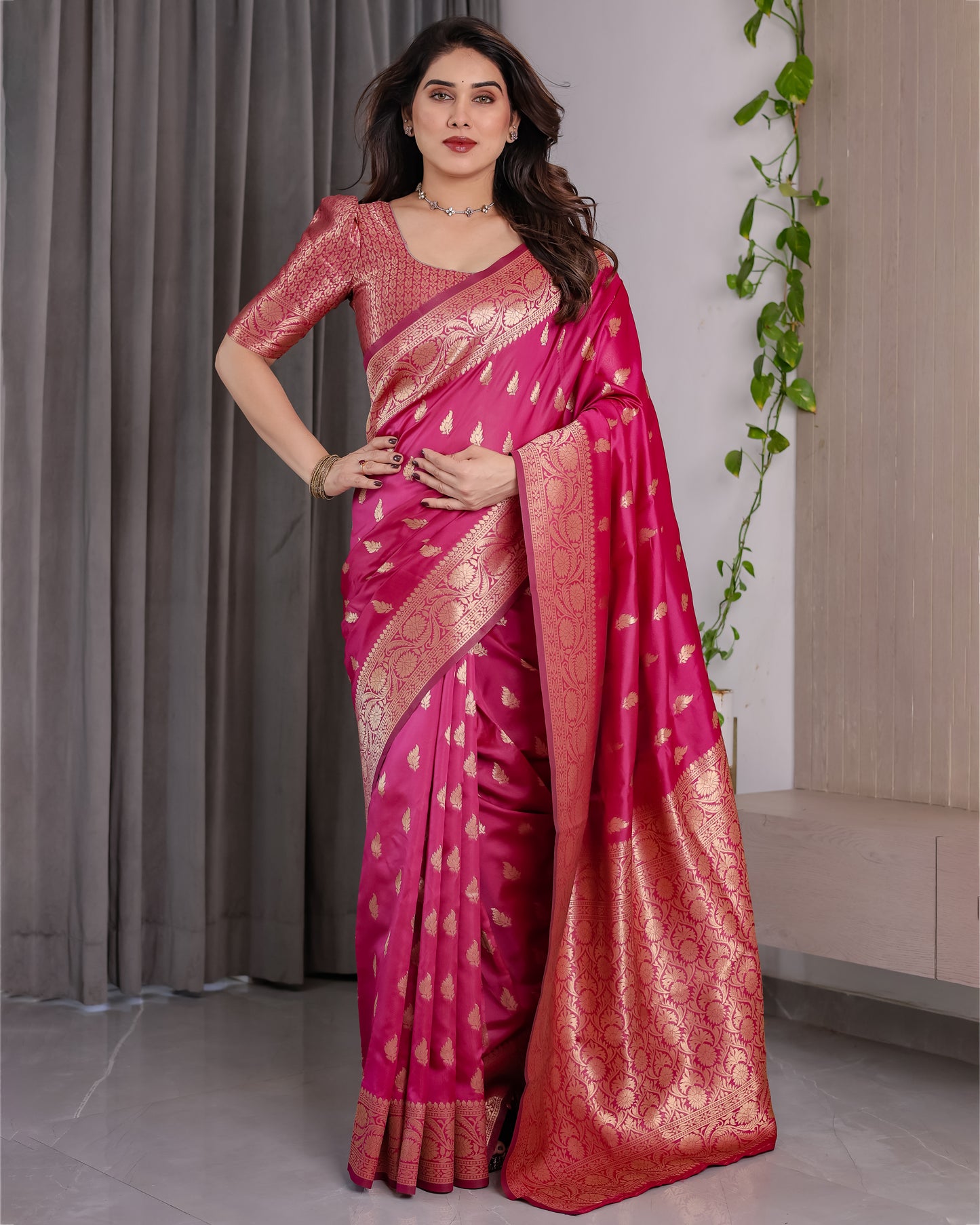 Lichu Silk Jacquard Weaving with Golden Zari Running Blouse