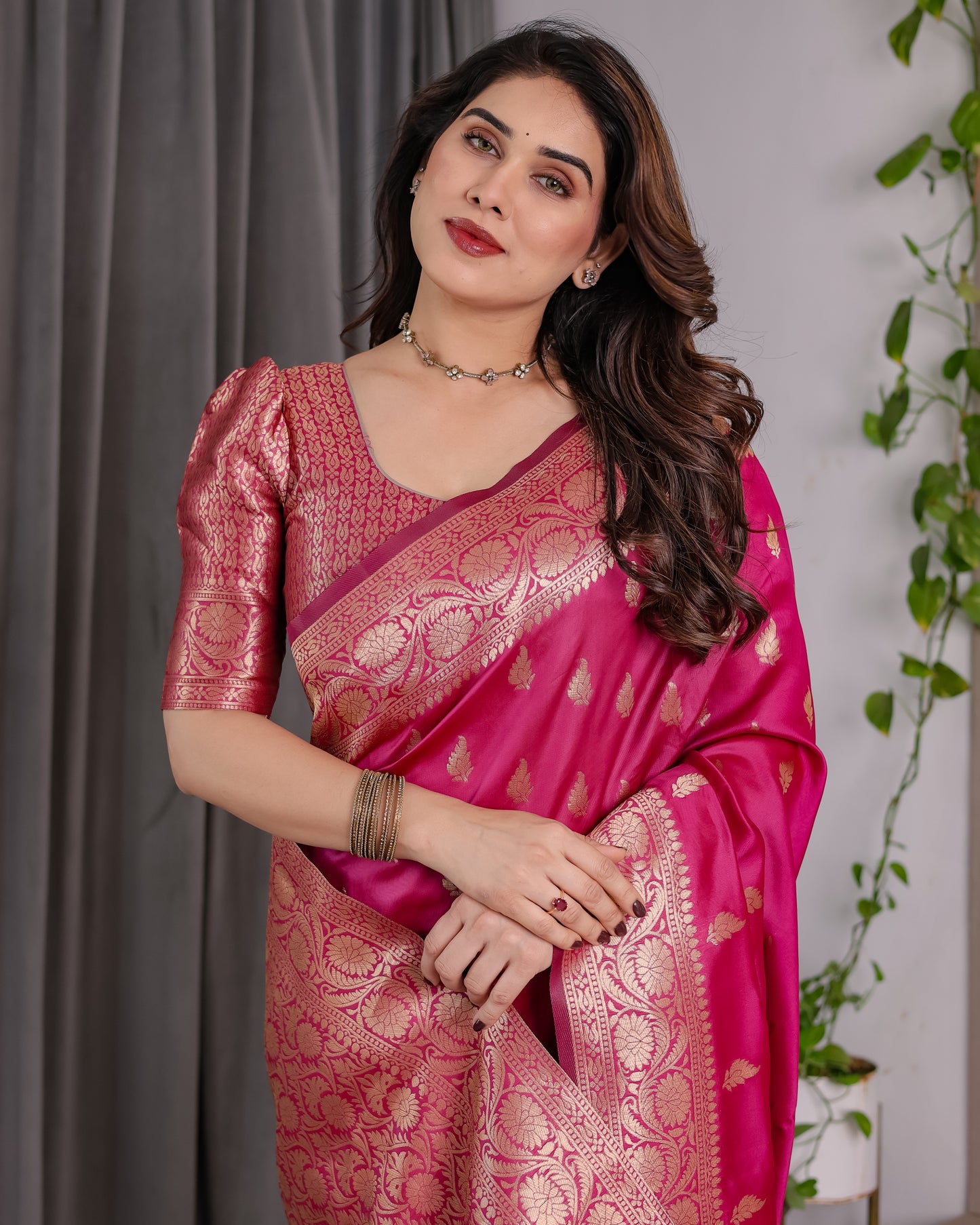 Lichu Silk Jacquard Weaving with Golden Zari Running Blouse