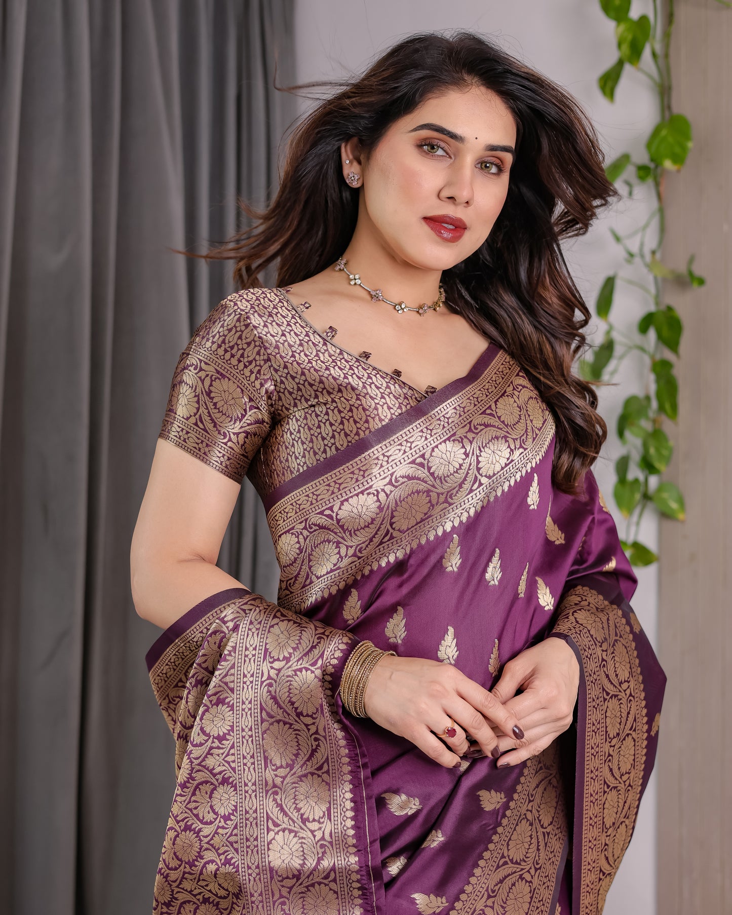 Lichu Silk Jacquard Weaving with Golden Zari Running Blouse