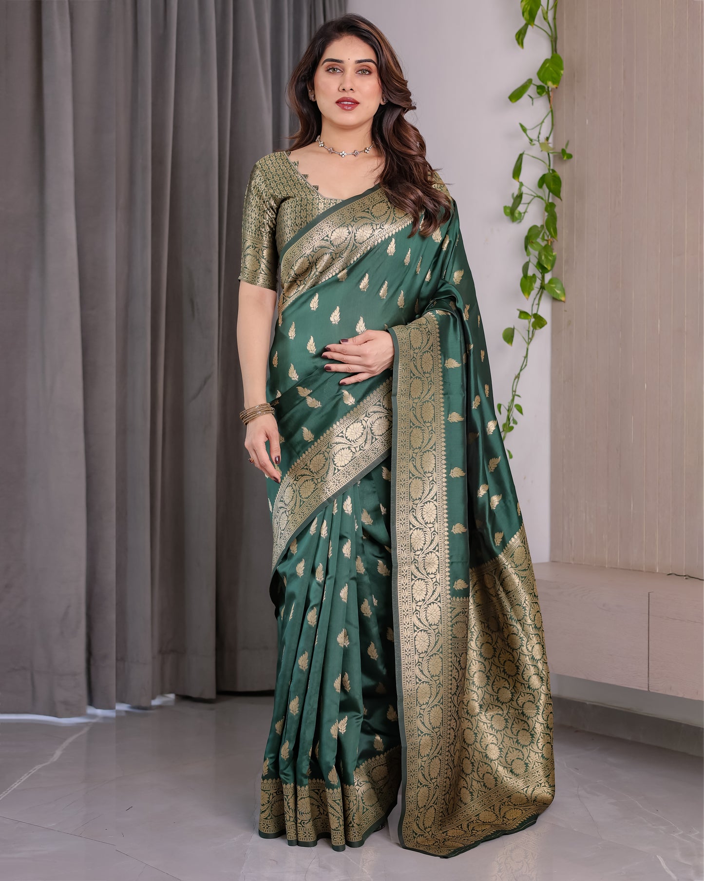 Lichu Silk Jacquard Weaving with Golden Zari Running Blouse