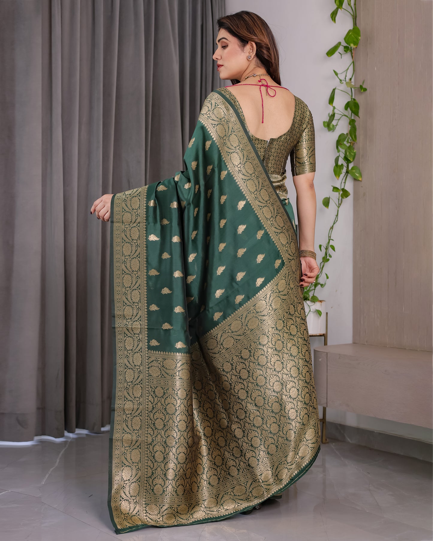 Lichu Silk Jacquard Weaving with Golden Zari Running Blouse