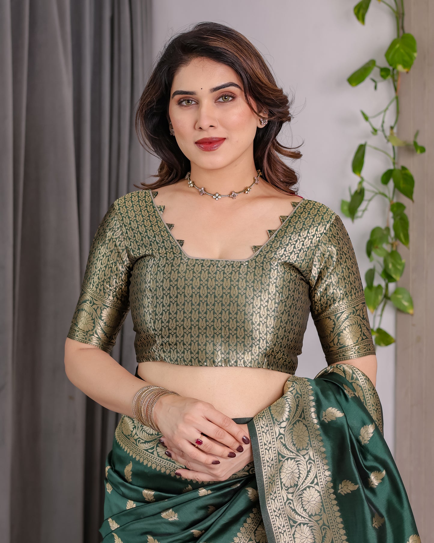 Lichu Silk Jacquard Weaving with Golden Zari Running Blouse