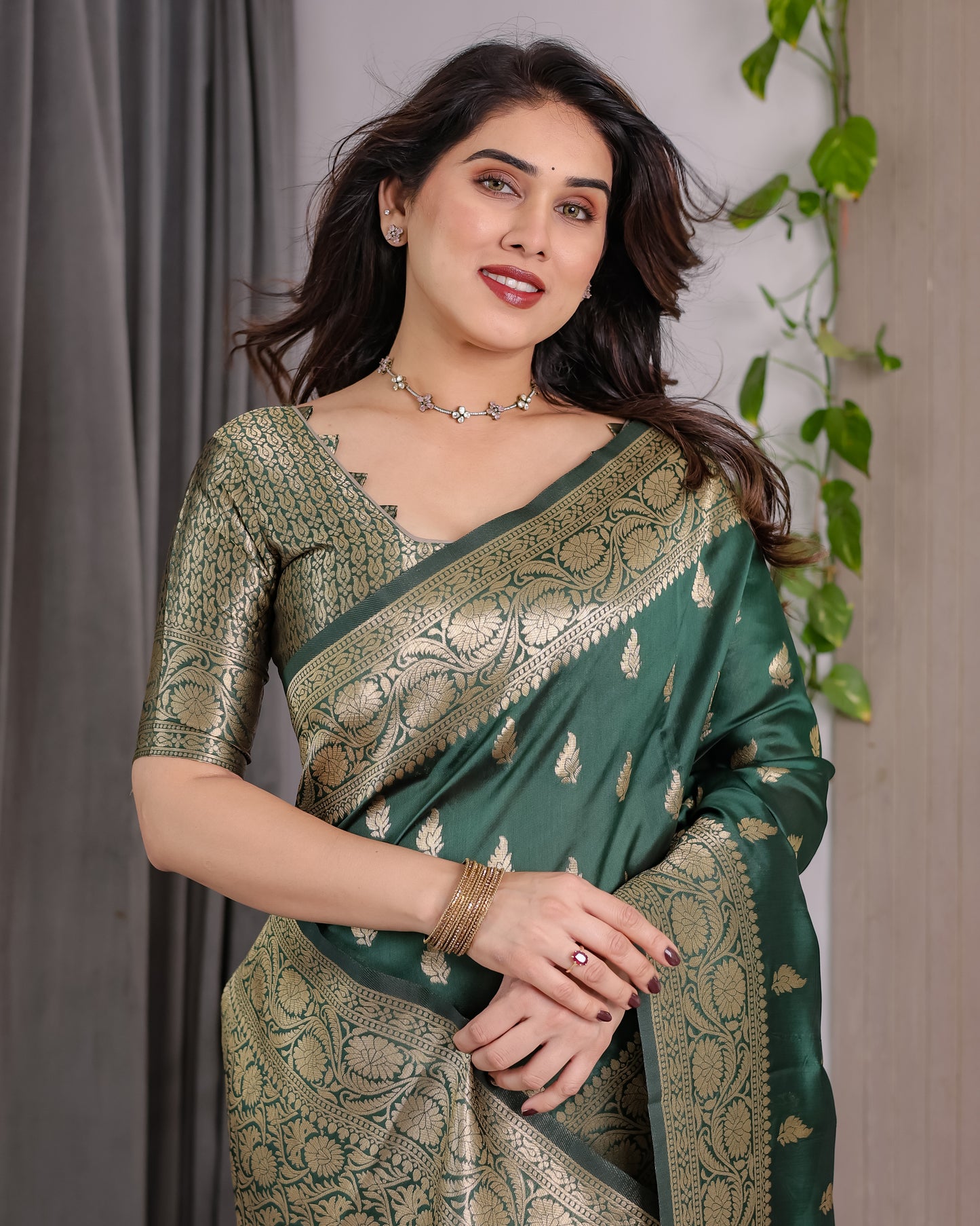 Lichu Silk Jacquard Weaving with Golden Zari Running Blouse